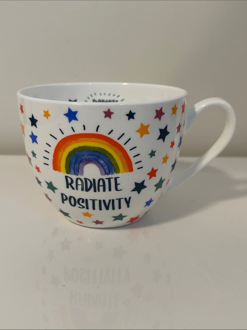 Radiate Positivity Rainbow Stars Bone China Mug - White 16 oz NWOT